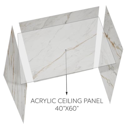 3D diagram of a 40x60 inch Calacatta Luxor acrylic ceiling panel positioned above marble-look shower wall panels
