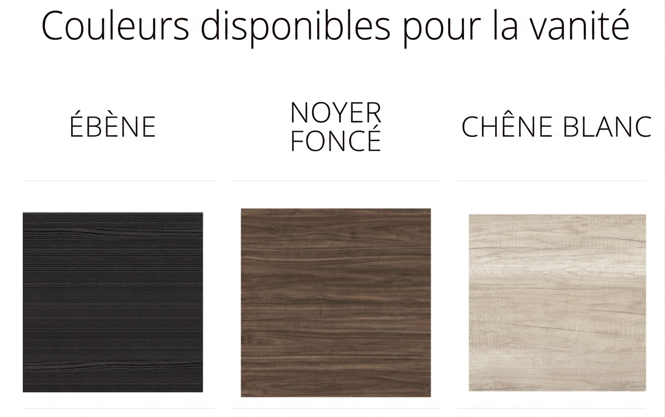 Échantillons de finitions des meubles-lavabos Ella présentant les options de mélamine Ebony, Dark Walnut et White Oak