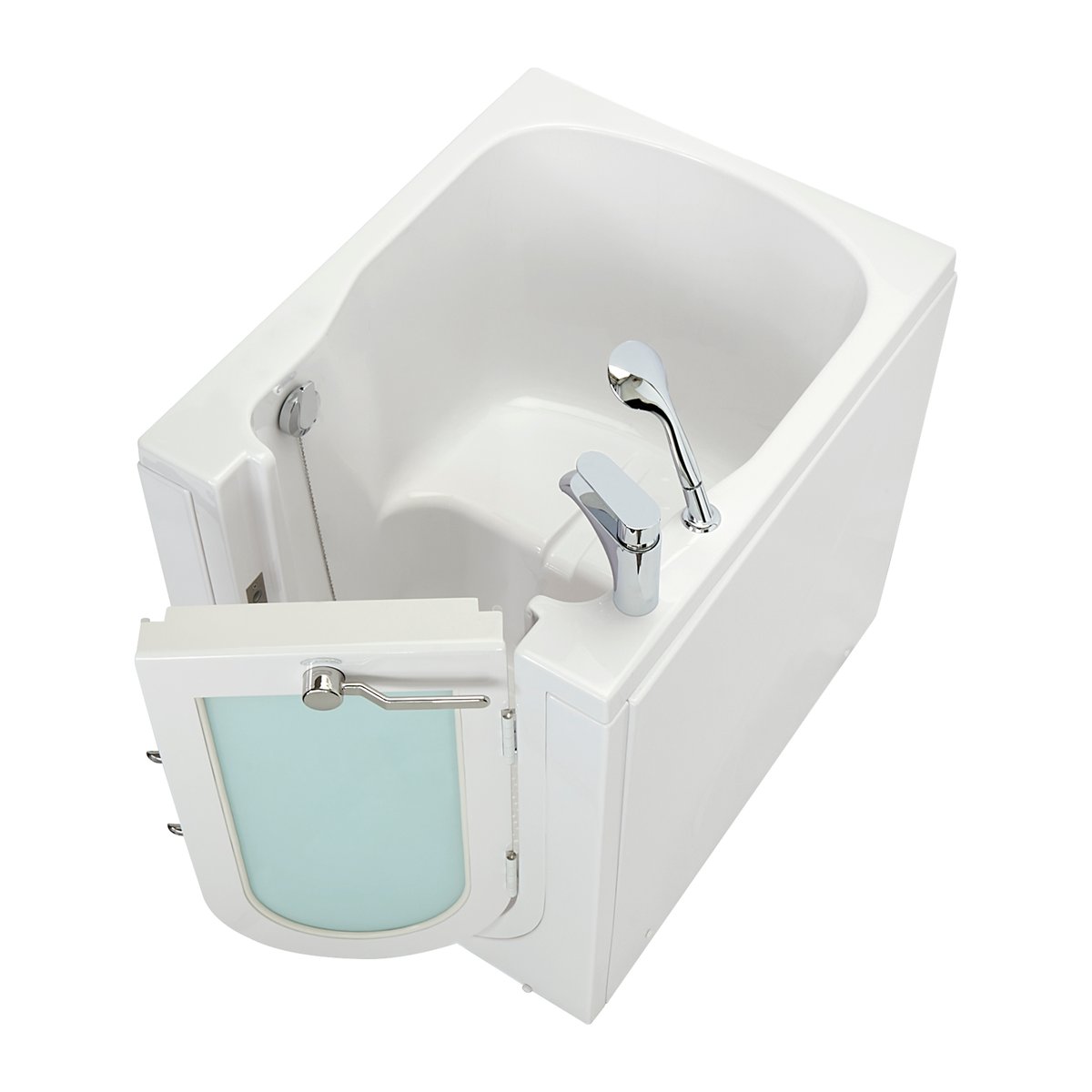 Angled overhead view of the white Ella Front Entry walk-in tub with the end door cracked open, chrome faucet and built-in seat