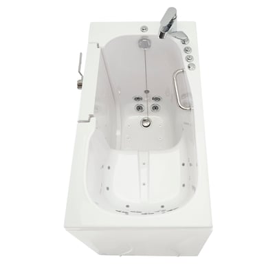 Overhead view of Ella Mobile walk-in tub with outward swing door showing dual hydro jets, grab bar, and chrome faucet fixtures