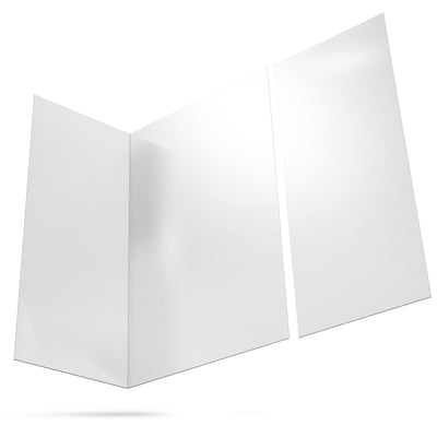 Blank white glossy acrylic wall panel mockup shown as a folded tri-panel display on white background