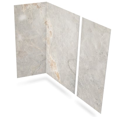 Three-panel Gilded Stone acrylic shower wall surround with beige and gray marble-look finish on white background