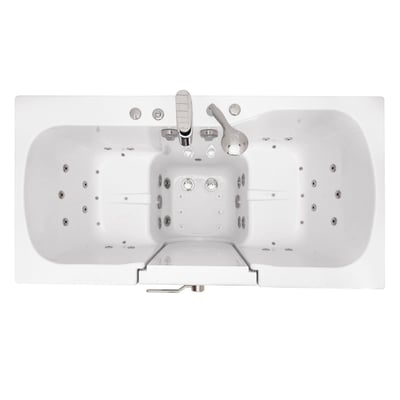 Overhead view of Ella Tub4Two walk-in bathtub showing dual hydro and air massage jets with outward swing door and center faucet controls