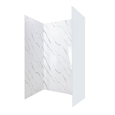 Kit de pared de ducha de tres paneles acrílicos Calacatta Gold con vetas de aspecto de mármol blanco para instalación en cabinas de ducha accesibles