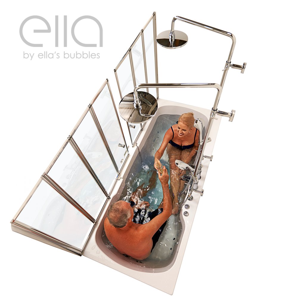 Couple relaxing together in the Ella Big4Two two-seat walk-in tub with open 4-fold glass door and dual rain showerheads