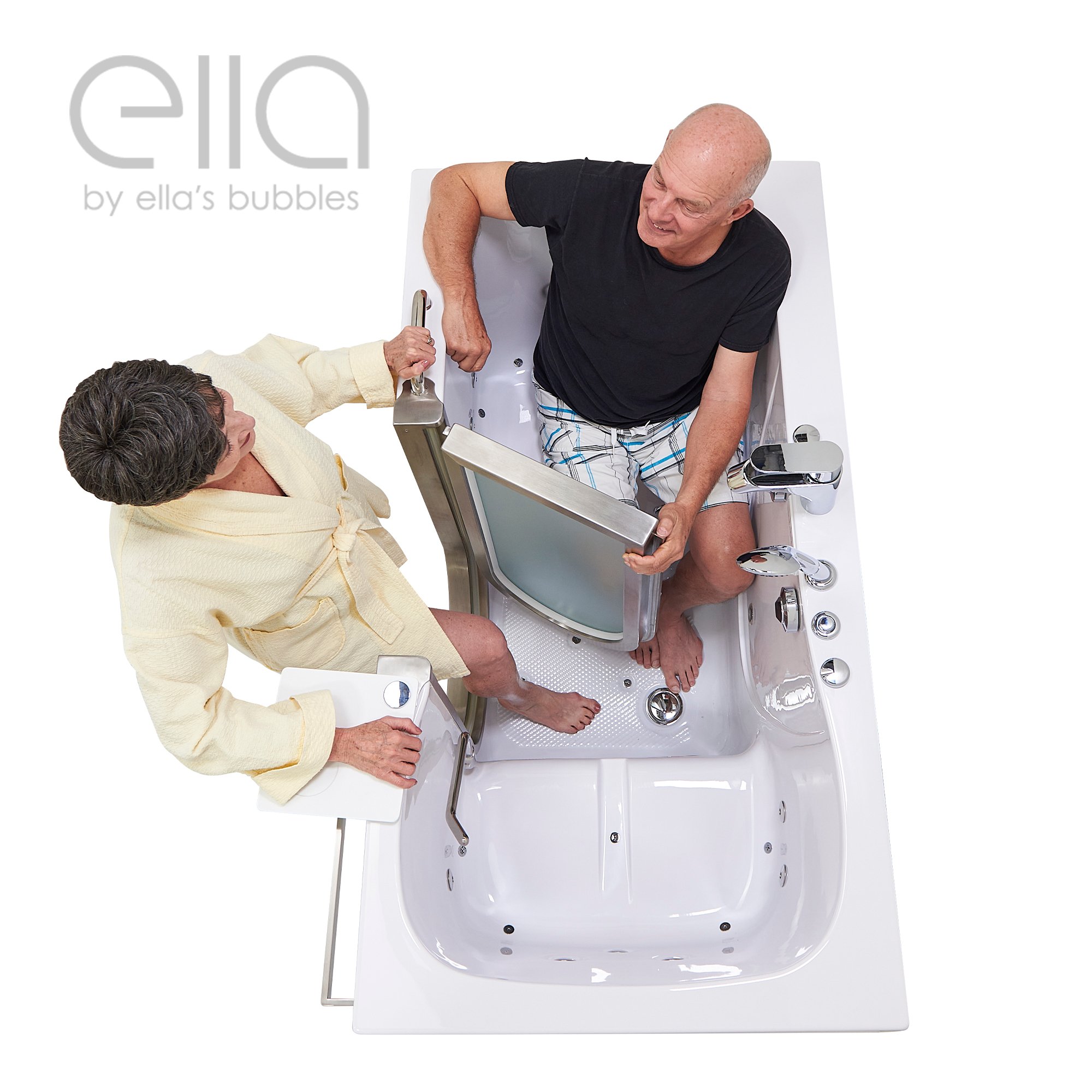 Senior couple opening the inward-swinging brushed stainless steel door of the Ella Companion two-seat walk-in tub