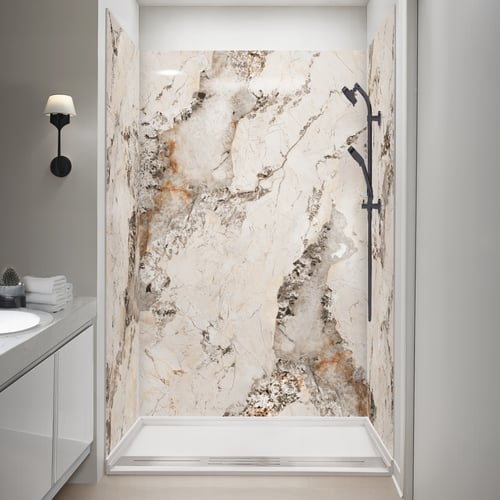Ella accessible shower stall featuring Molten Marble wall panels with matte black slide bar and handheld showerhead