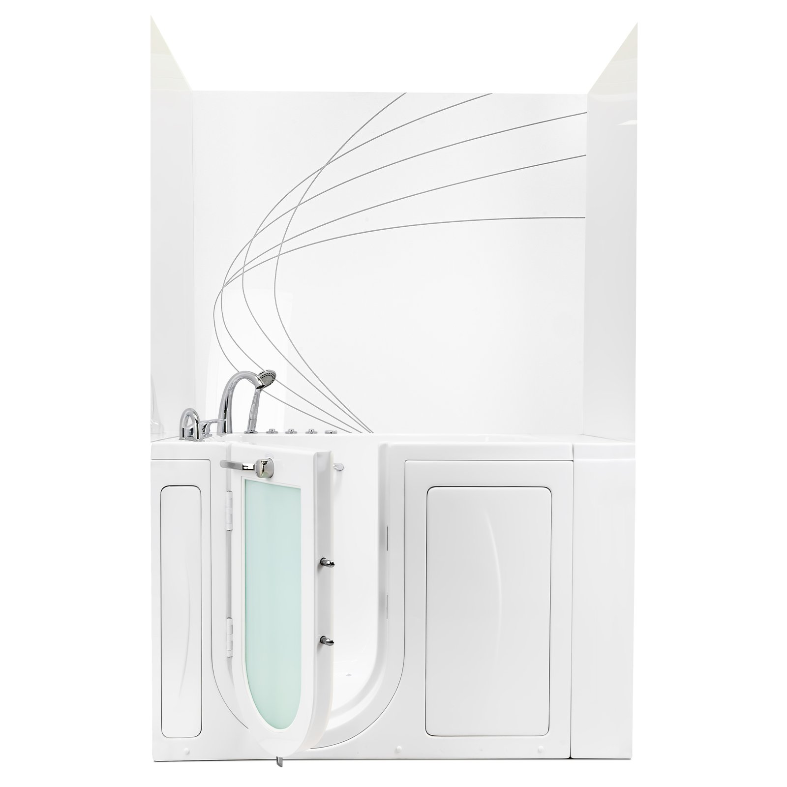 Walk-in tub framed by white gloss EllaWave CNC acrylic shower wall panels with a wave design