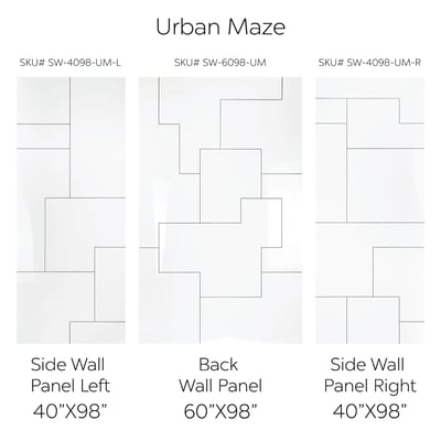 Juego de paneles de pared de ducha de acrílico Urban Maze que muestra la disposición de los paneles izquierdo, posterior y derecho con diseño geométrico por CNC