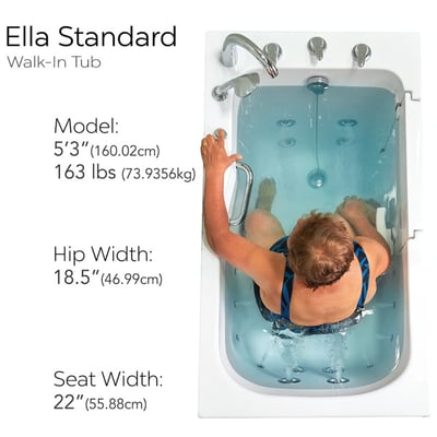 Ella Standard walk-in tub overhead view with person soaking inside, showing model dimensions, hip width 18.5 in, and seat wid