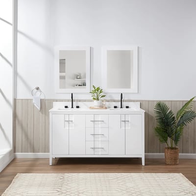 Meuble-lavabo de salle de bains moderne Florence sur pied avec plan en quartz blanc massif -