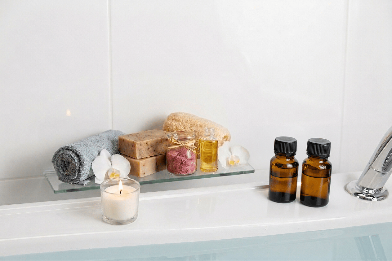 Essential oil bottles, bath salts, soap and a candle arranged beside a bathtub for aromatherapy