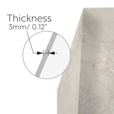 Close-up diagram showing 3mm wall panel thickness of the Ella Marble Sands accessible shower wall surround