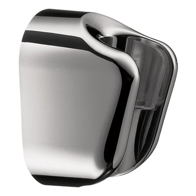 Close-up of a polished chrome Hansgrohe hand shower holder bracket with adjustable mounting clip on white background