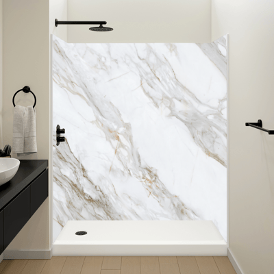 Ella accessible shower stall with Arabescato marble wall panels, matte black rain showerhead, and low-threshold base