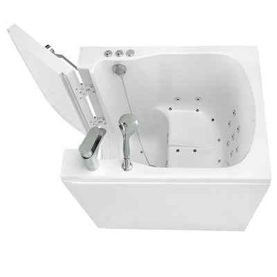White front-entry walk-in tub for small spaces with open door, built-in seat, air and hydro jets, and chrome faucet fixtures,