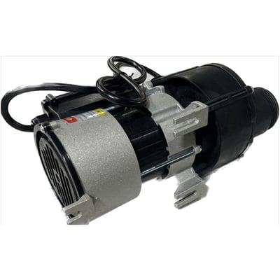 Walk-in tub hydro massage pump motor with silver casing, black housing, and electrical wiring on white background