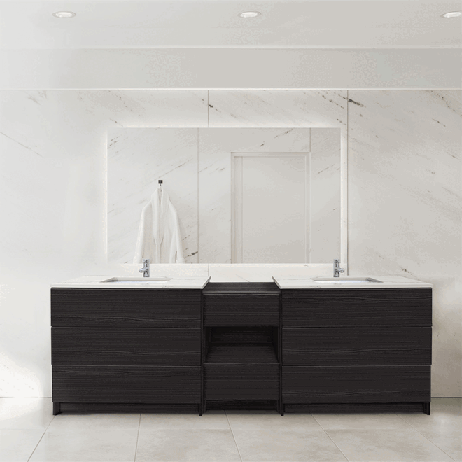 Modern double-sink bathroom vanity with dark wood finish, open center shelf, and large backlit mirror against marble wall