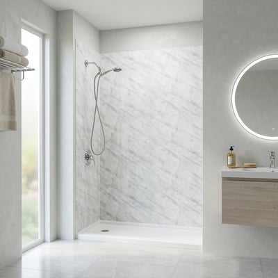 Cabina de ducha accesible Ella con paneles de pared de aspecto mármol Carrara, alcachofa de ducha de mano cromada y base de umbral bajo