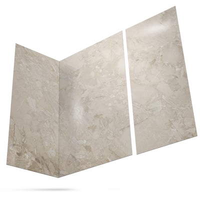 Three-panel Marble Sands acrylic shower wall surround kit in warm beige stone pattern for walk-in tub or shower stall