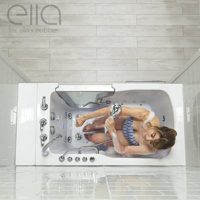 Woman relaxing and using handheld shower wand in Ella Ultra Acrylic walk-in tub with hydro jets, aerial view