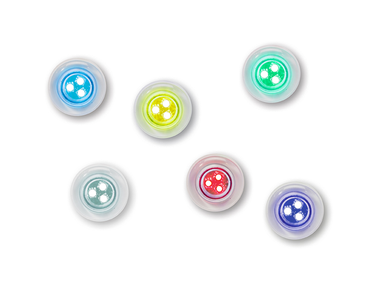 Ella LED chromatherapy light module shown in blue, yellow, green and teal colors