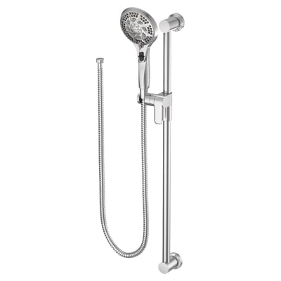 Chrome handheld showerhead with adjustable slide bar, flexible hose, and multi-function spray settings for accessible showers