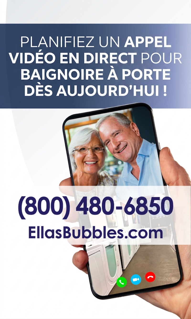 Couple de personnes âgées souriant lors d’un appel vidéo sur smartphone pour planifier une consultation en direct pour une baignoire à porte avec Ella’s Bubbles