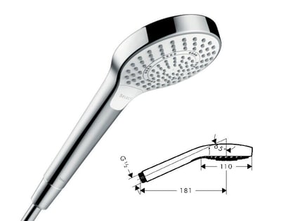 Chrome Hansgrohe Croma Select S 110 multi-jet handheld shower head with dimensional diagram showing 181mm length