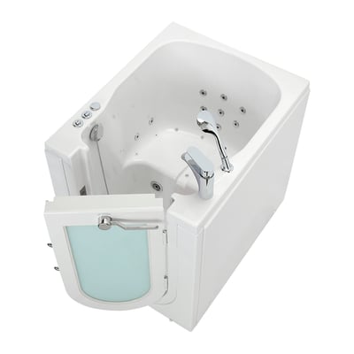 Baignoire à porte Ella blanche avec porte à entrée frontale battante vers l’extérieur ouverte, robinet chromé et jets d’hydromassage doubles – 32 × 40&nbsp;po