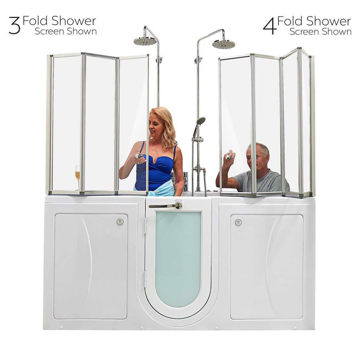 Ella 4-fold and 3-fold tempered glass shower screens fitted on a two-person walk-in tub
