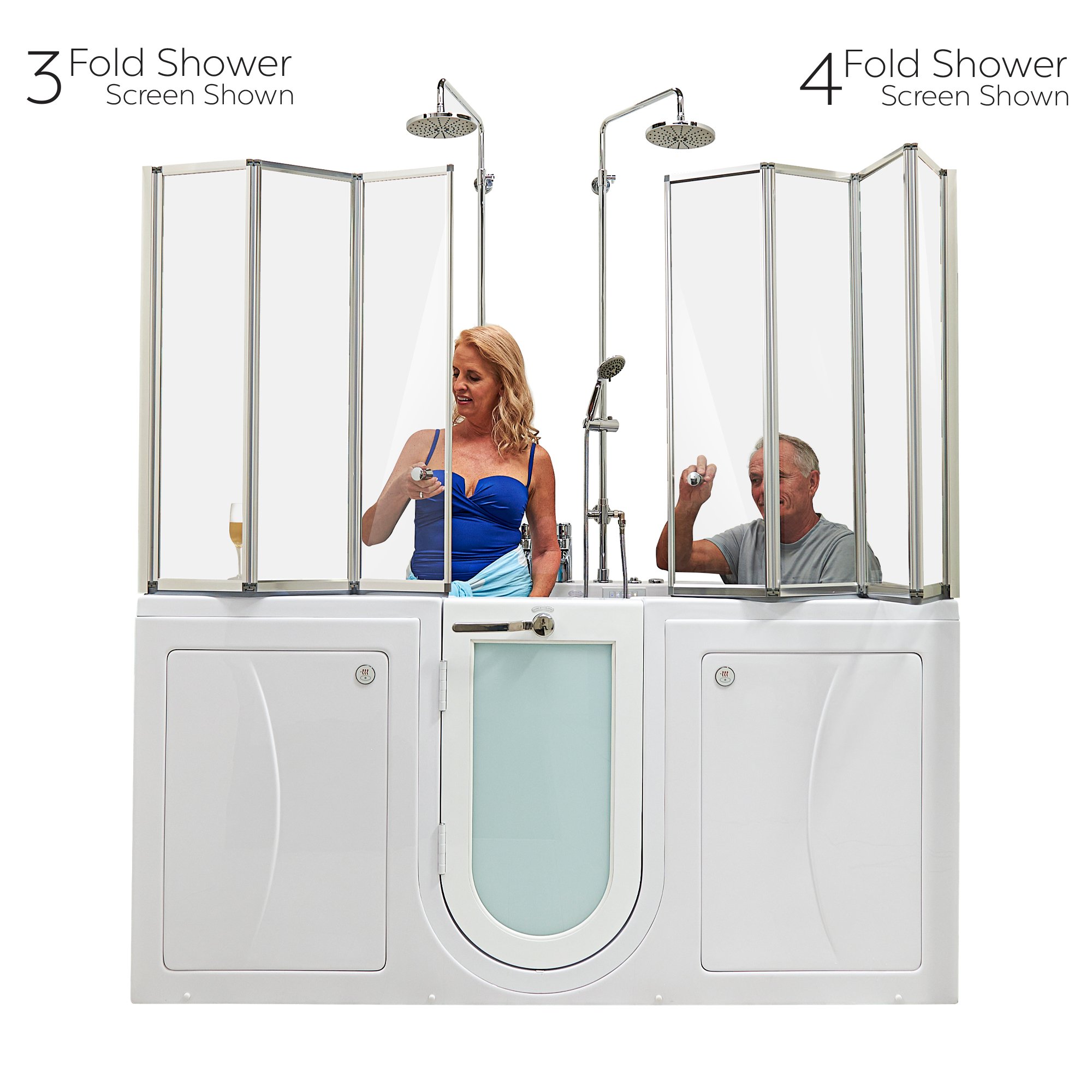 Ella 4-fold and 3-fold tempered glass shower screens fitted on a two-person walk-in tub