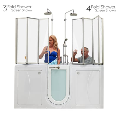 Couple using a two-person walk-in tub comparing 3-fold and 4-fold tempered glass shower screens with rainfall showerheads