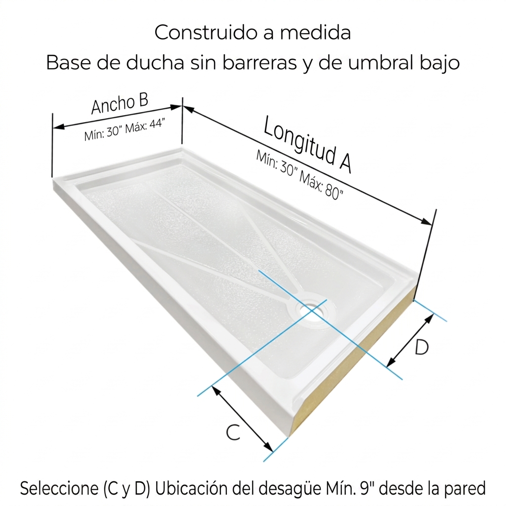 Diagrama de una base de ducha personalizada sin barreras con umbral bajo, con dimensiones etiquetadas de longitud, anchura y ubicación del desagüe