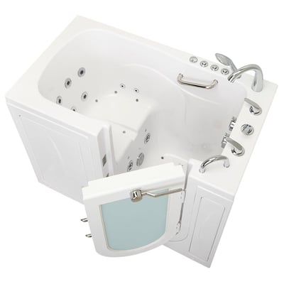White Ella Monaco walk-in tub with outward swing door open showing hydrotherapy jets, chrome faucet, and handheld showerhead