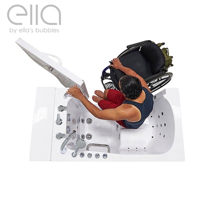 Person transferring sideways from mobility aid into the Ella Transfer30 walk-in tub shown from overhead aerial view