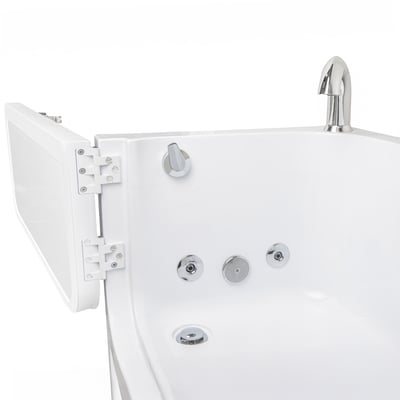 Close-up of Ella's Bubbles 32x60 homecare transfer walk-in tub door hinges, chrome jets, and faucet