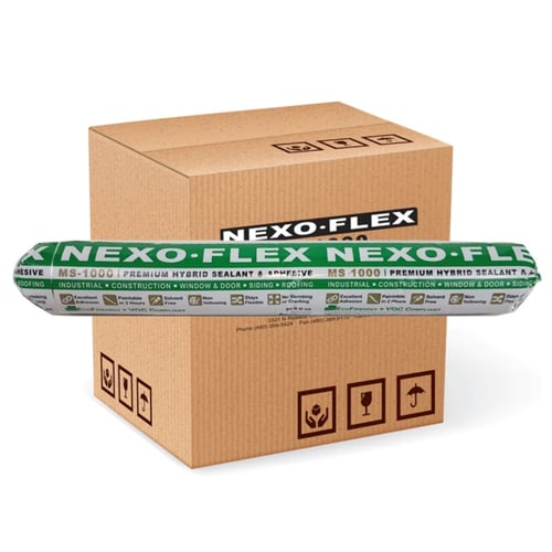 Nexo Flex MS1000 premium hybrid sealant sausage displayed in front of shipping box