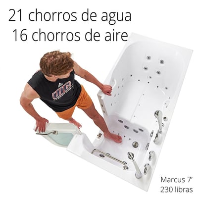 Hombre entrando en una bañera de acceso Ella con puerta de apertura hacia fuera mostrando 21 chorros de hidromasaje y 16 chorros de aire en vista superior