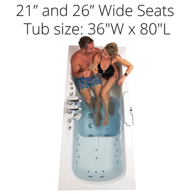Couple toasting with drinks while seated together in the Ella Big4Two two-seat walk-in tub, 36