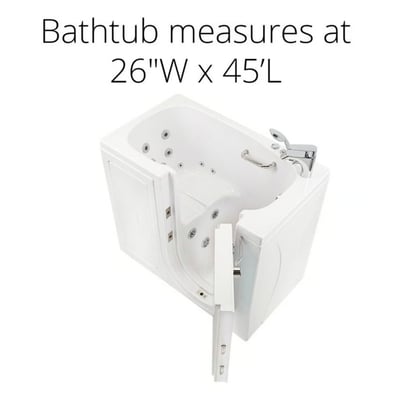 Ella walk-in tub with open door showing hydro jets and chrome faucet - compact 26W x 45L inch dimensions
