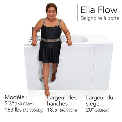 Femme sortant de la baignoire à porte Ella Flow, montrant l’entrée à porte à faible enjambement et la largeur d’assise spacieuse de 20”