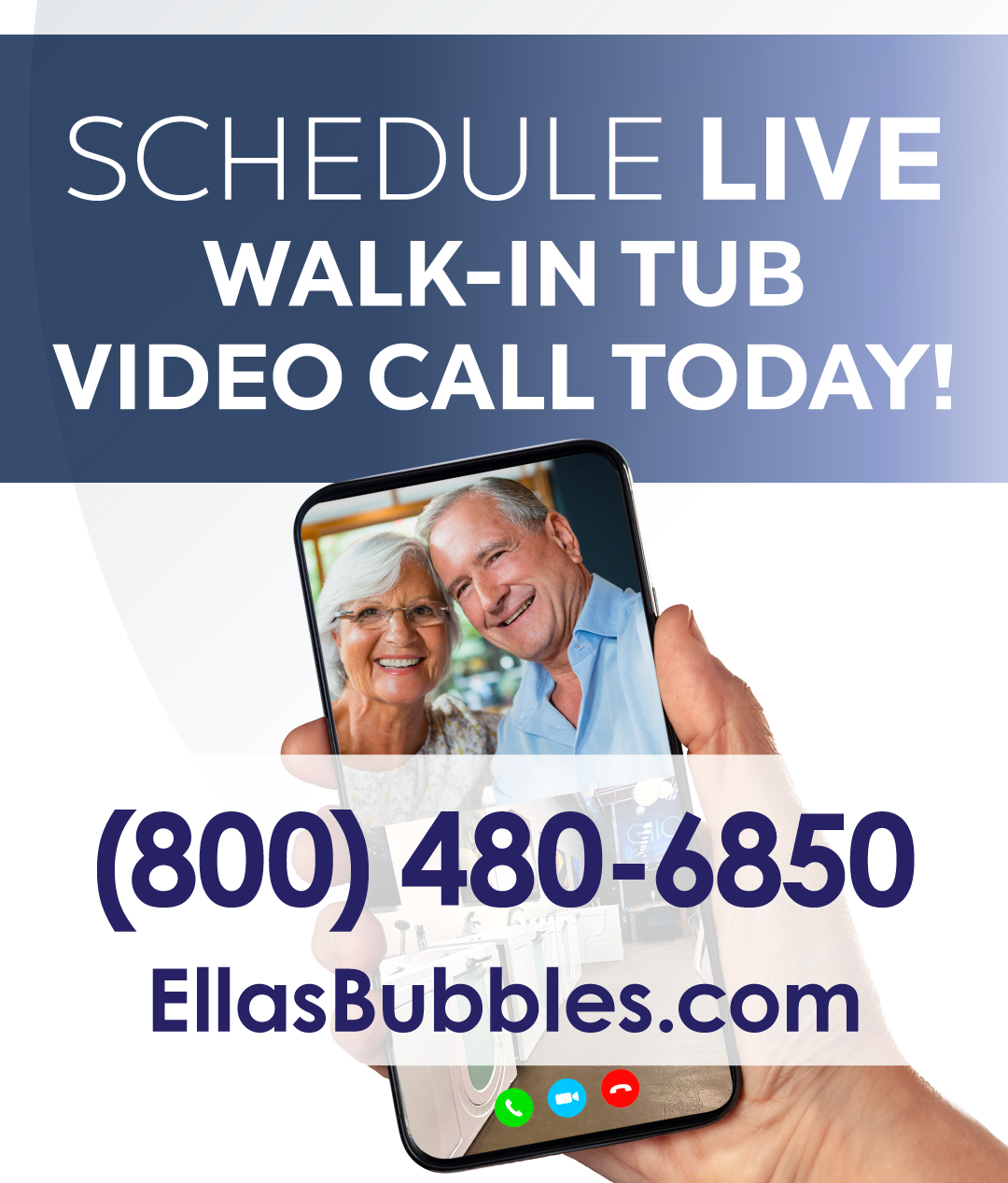 Visuel Ella's Bubbles faisant la promotion d'un appel vidéo en direct sur les baignoires à porte, avec un couple de seniors souriant sur l'écran d'un smartphone