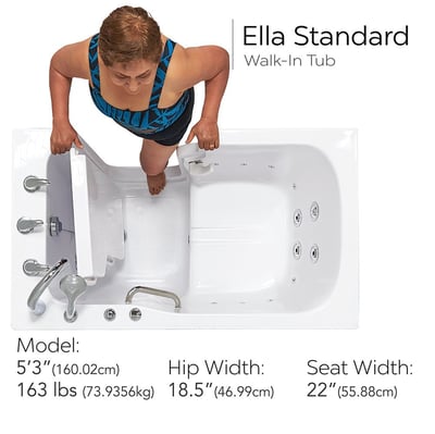 Overhead view of person stepping into the Ella Standard walk-in tub showing seat, jets, and grab bar with fit dimensions listed