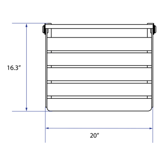 Technical diagram of a fold-down shower seat measuring 20 inches wide by 16.3 inches tall with slatted design