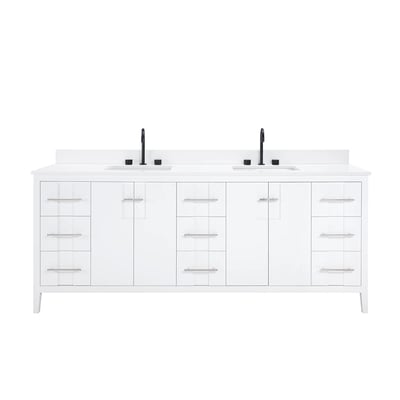 Meuble-lavabo de salle de bains moderne Florence sur pied avec plan en quartz blanc massif -