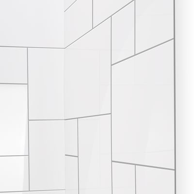 White acrylic shower wall panels with QuadQuilt tile pattern and gray grout lines shown at a corner junction