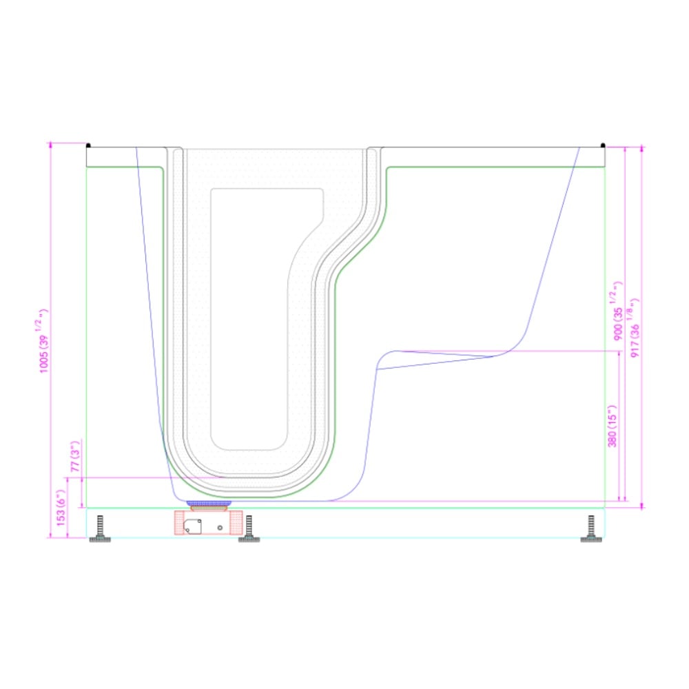 Side-view CAD diagram of the Ella S-Class 30x52 walk-in tub showing the interior depth and threshold dimensions