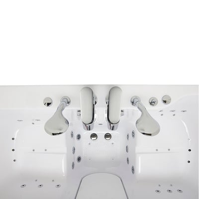 Overhead close-up of Ella Big4two two-seat walk-in tub interior showing chrome faucet, dual grab bars, and hydro massage jets