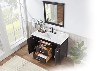 Meuble-lavabo de salle de bains moderne Florence sur pied avec plan en quartz blanc massif -